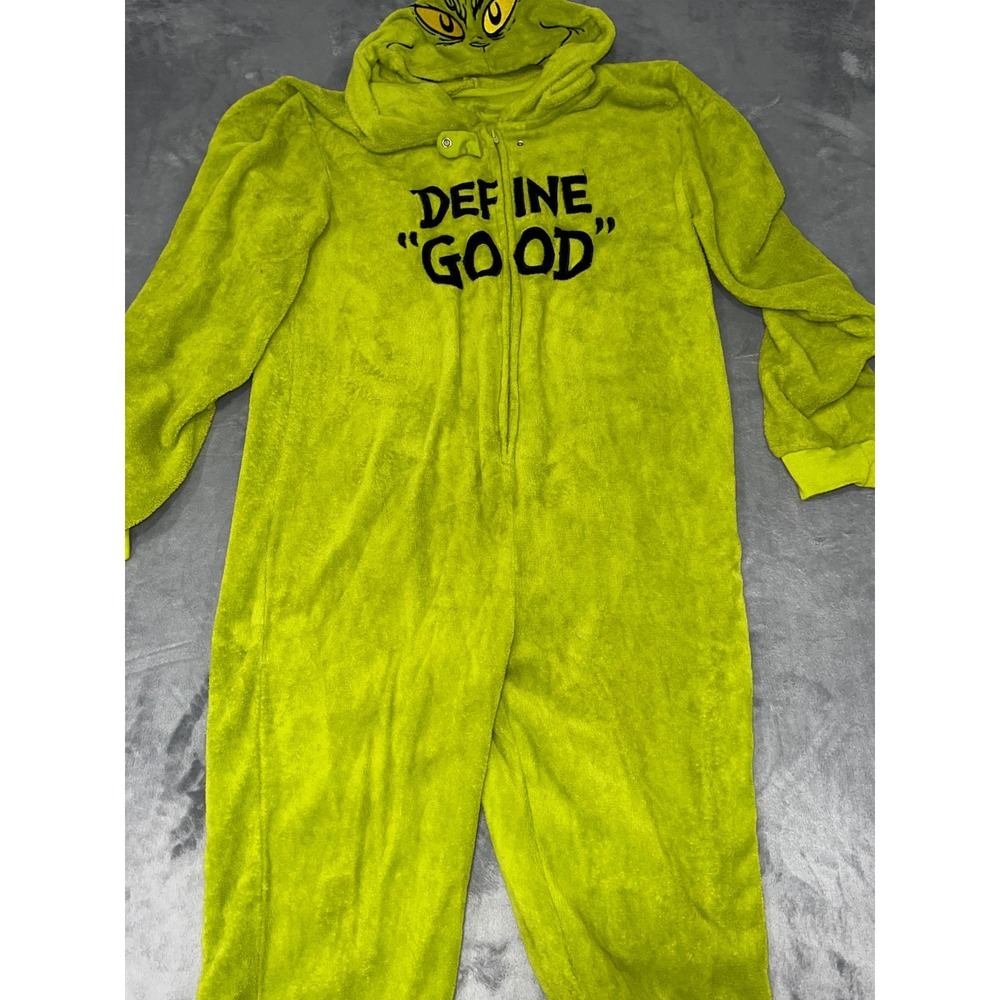 Dr Seuss The Grinch Define Good Green Fleece Hooded Union Suit Pajamas 0214